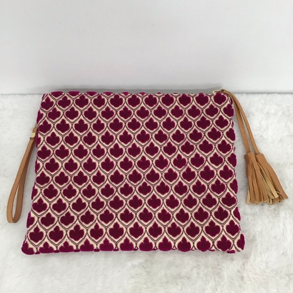 Glenda Gies Anastasia Fushia Clutch Wristlet Tapestry Velvet Leather Tassel Bag - Picture 1 of 10